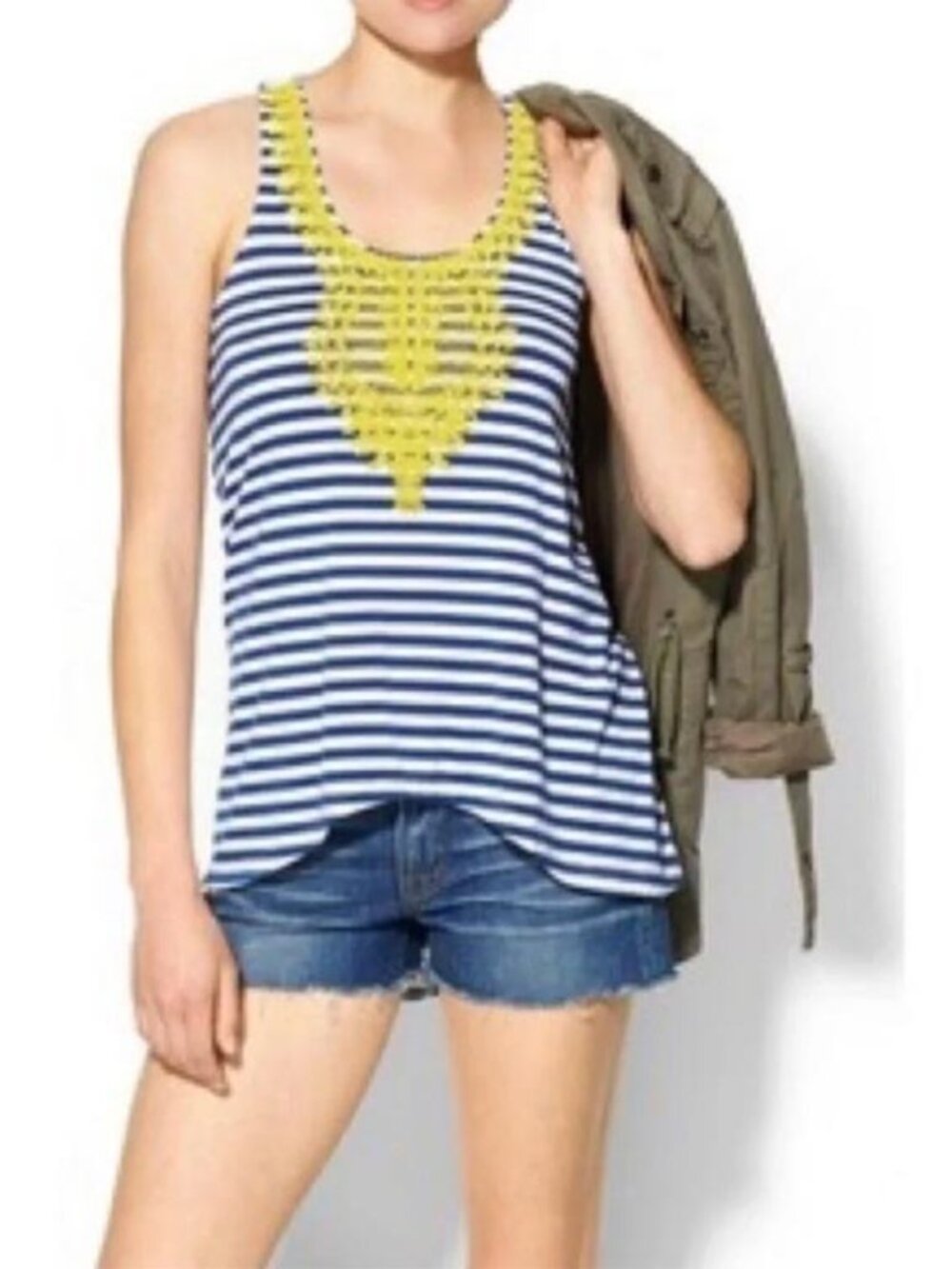 THML Blue and White Striped Tank Top with Yellow Embroidery - Women's Large